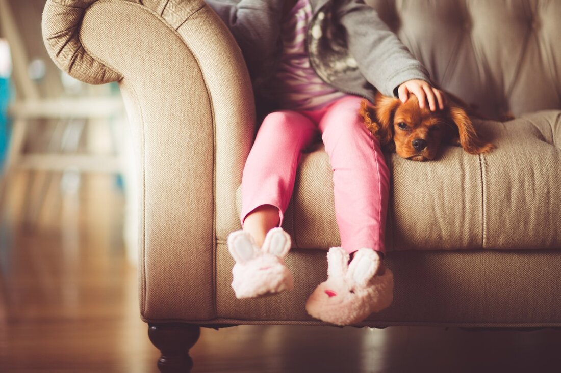 Child on Couch with dog- Families Advocating for Chemical & Toxics Safety